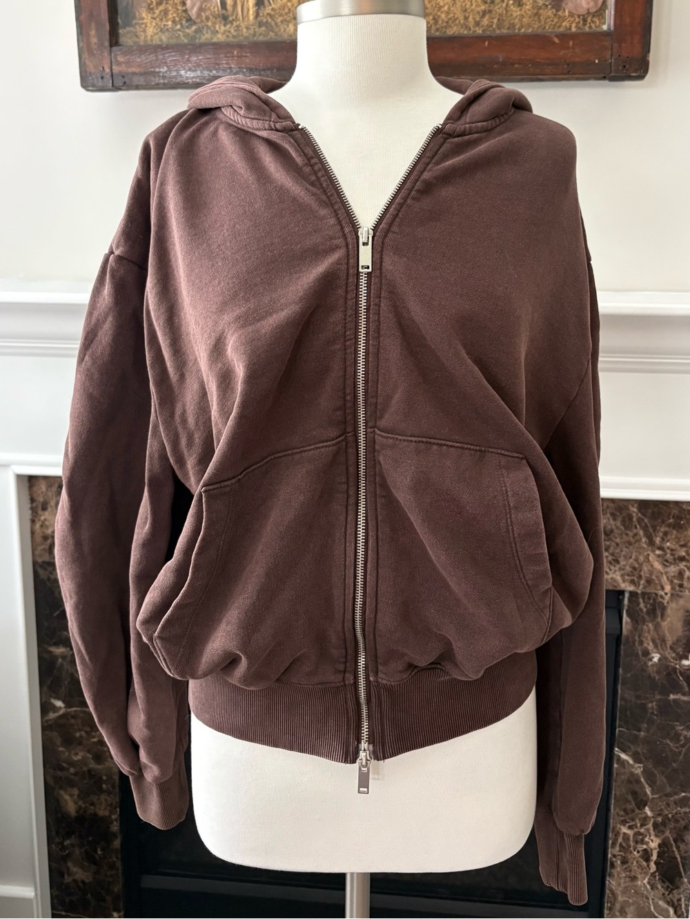 Zara Dark Brown Zip-Front Hooded Jacket Size Small, Oversized Long Crop